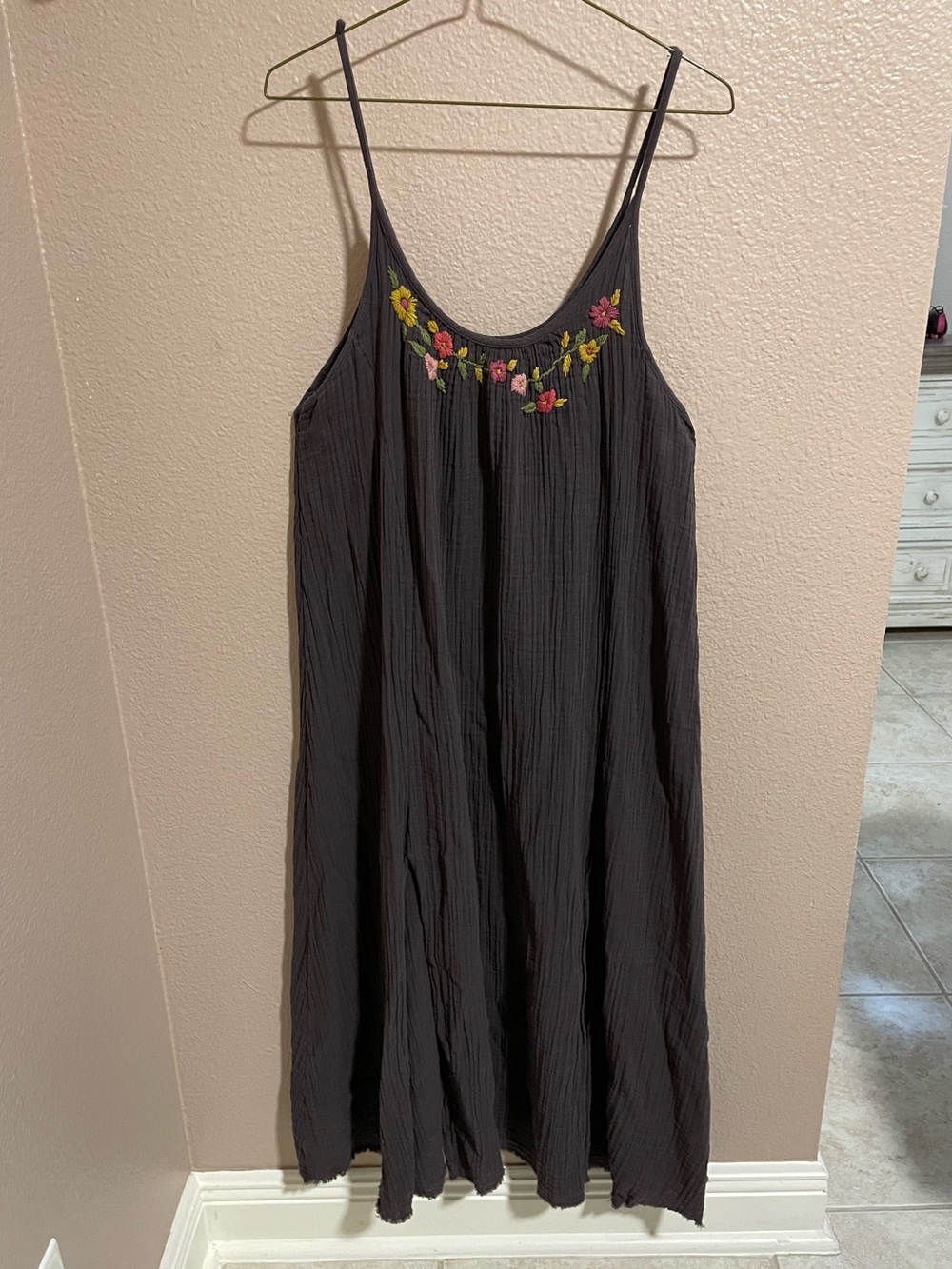 NATURAL LIFE Brown Flowy Gauzy Embroidered Maxi Dress